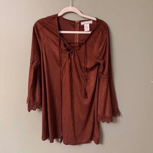 Flying Tomato Faux Suede Lace Up‎ Bell Sleeve Crochet Trim Mini Dress M Boho